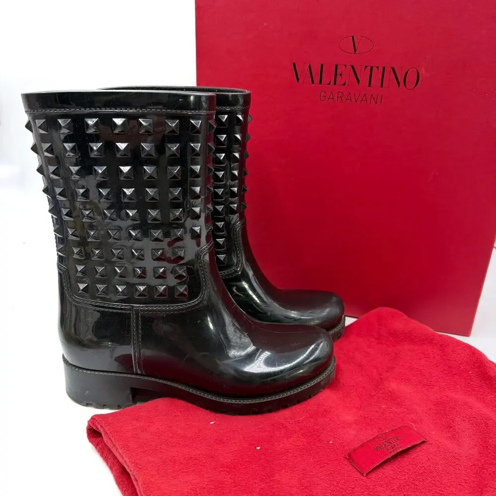 Valentino Rockstud Rainboots‎ Black Mid Calf Rubber Waterproof Sz 37 / 7 Women's